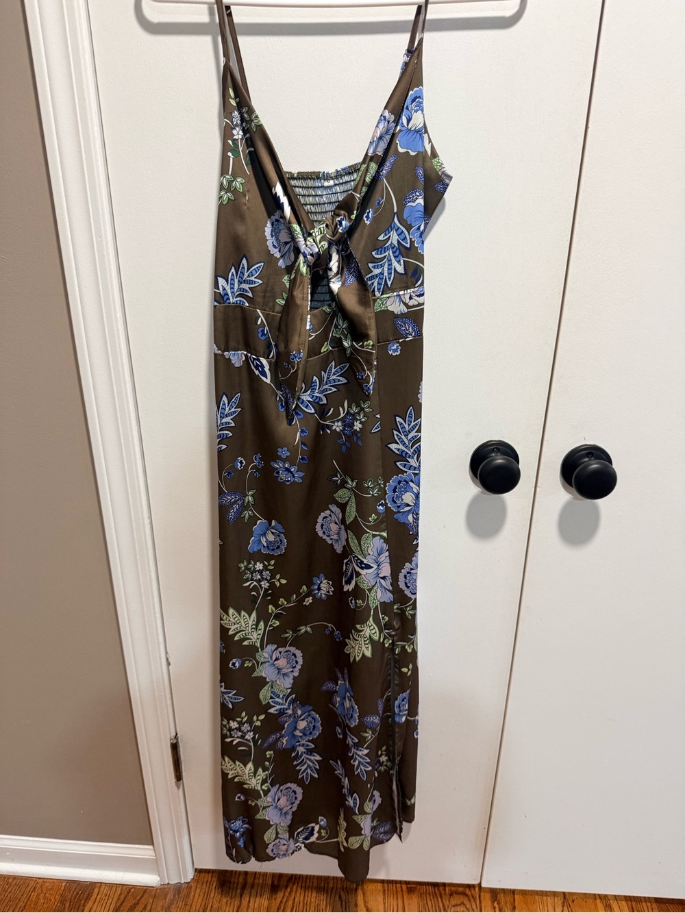 Brown Floral Slip Dress with Blue & Green Print